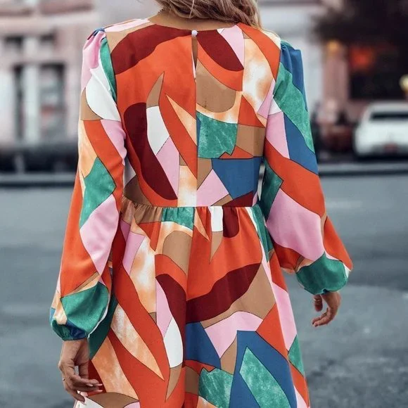 Multicolor Boho Womens Geo Print Lantern Sleeve Ruffle Hem Smock Dress - Picture 3 of 5